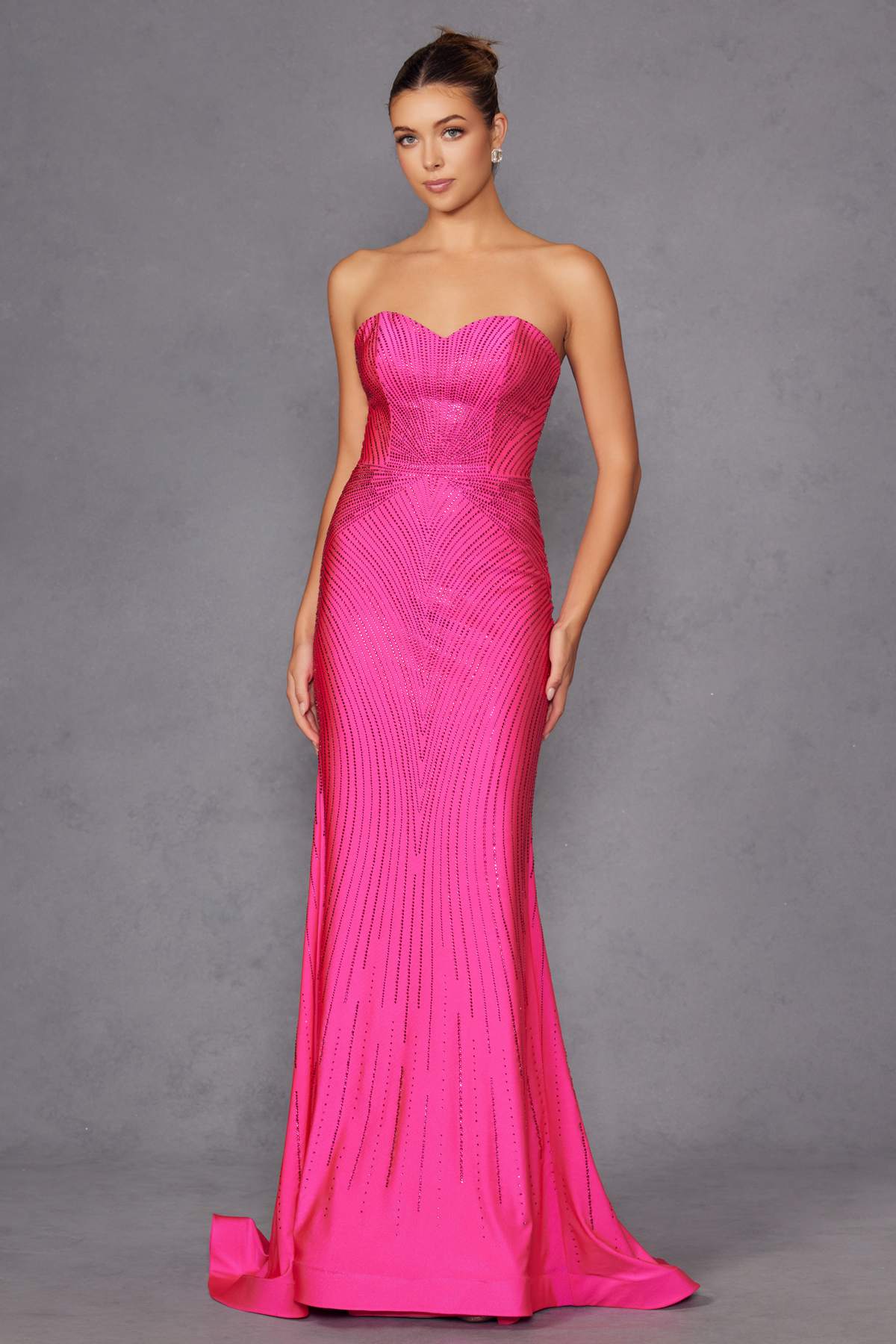 Juliet JT2472R Long Strapless Rhinestone Details Sweetheart Fitted Gown