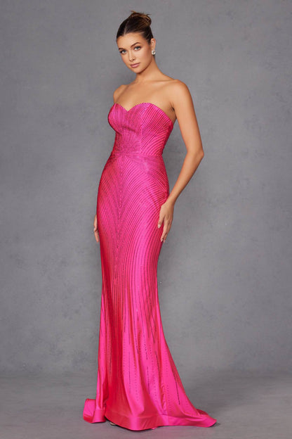 Juliet JT2472R Long Strapless Rhinestone Details Sweetheart Fitted Gown