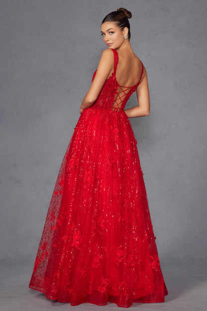 Juliet JT2495A Long A-Line Floral Lace Evening Gown