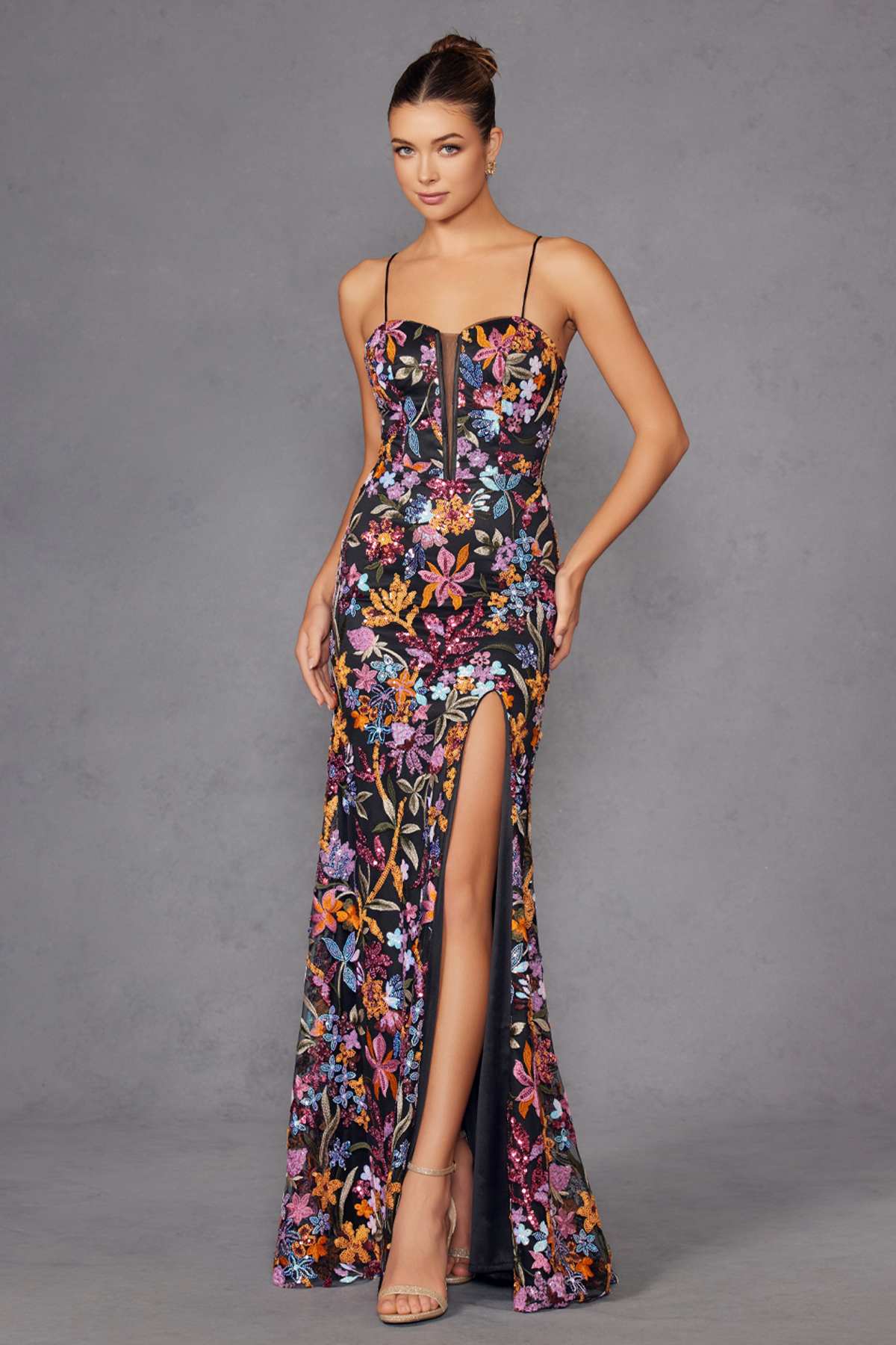 Juliet JT2498A Long Fitted Floral Embroidered Design Evening Gown