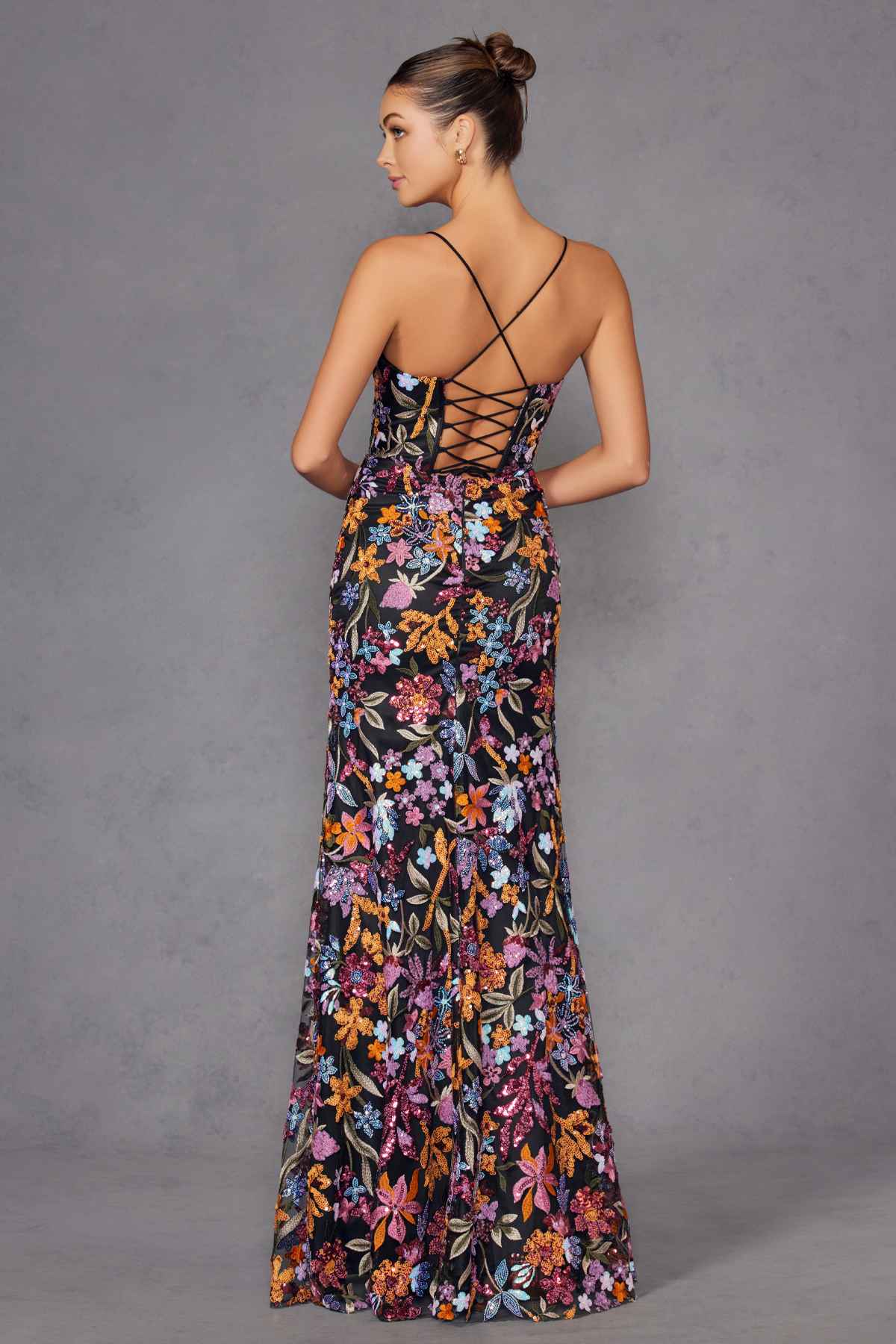 Juliet JT2498A Long Fitted Floral Embroidered Design Evening Gown