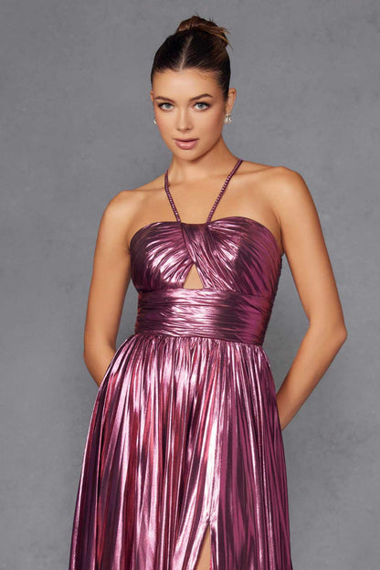 Juliet JT2503A Long Halter A-Line Pleated Metallic Gown