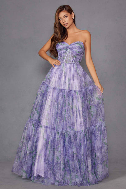 Juliet JT2507A Long Strapless Sweetheart Print Tiered Skirt Gown