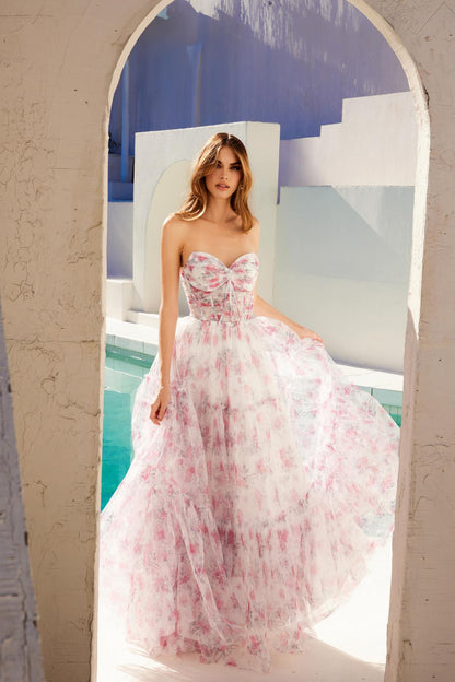 Juliet JT2507A Long Strapless Sweetheart Print Tiered Skirt Gown