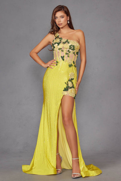 Juliet JT2514R One Shoulder Fitted Floral Applique Evening Gown
