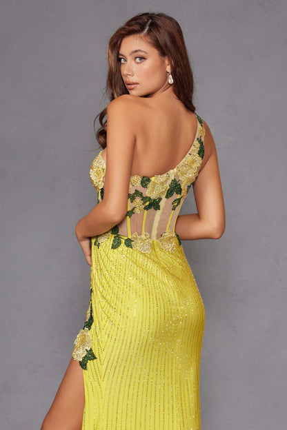 Juliet JT2514R One Shoulder Fitted Floral Applique Evening Gown