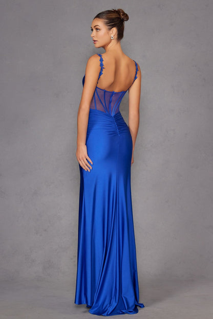 Juliet JT2518i Long Fitted Floral Strap Evening Gown Side Slit