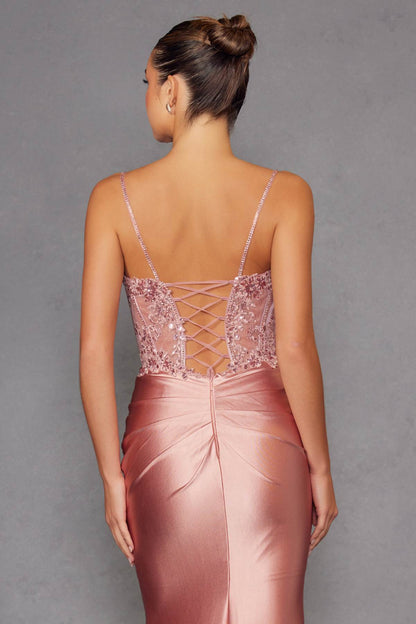 Juliet JT2531K Fitted Bodice Long Satin Sweetheart Prom Gown