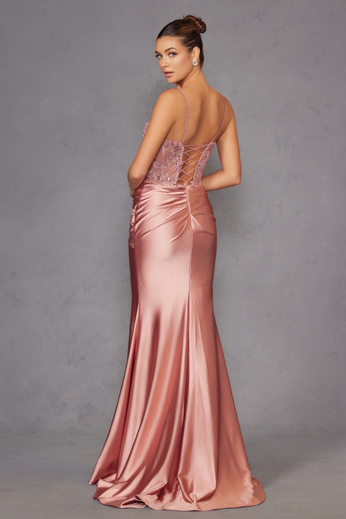 Juliet JT2531K Fitted Bodice Long Satin Sweetheart Prom Gown