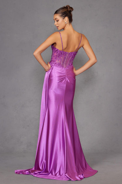 Juliet JT2535K Long Fitted Boned Corset Sweetheart Neck Side Slit Gown