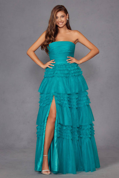 Juliet JT2542S Long Strapless Layered Tulle A-Line Gown