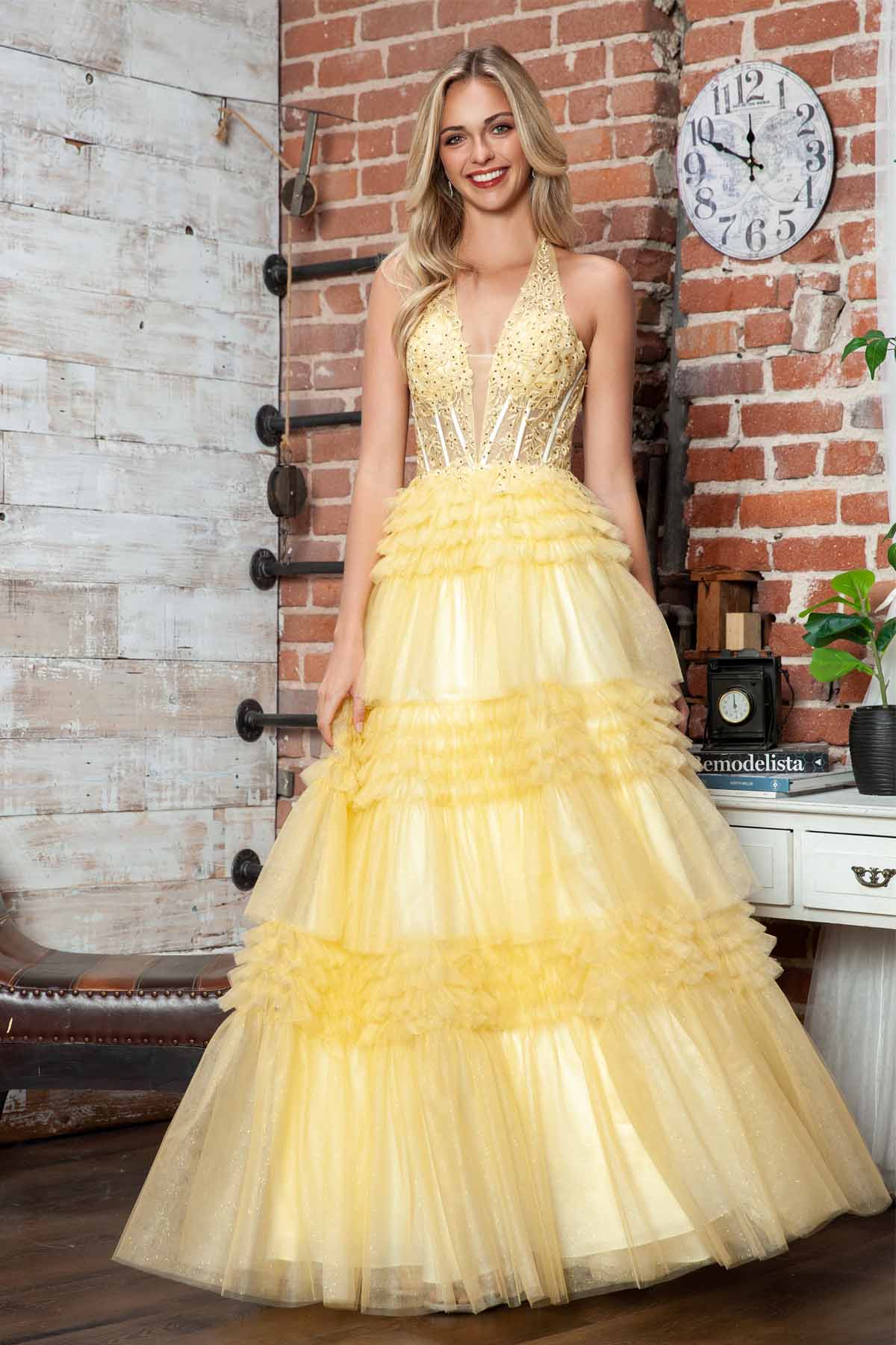 Juliet JT2556S Halter V-Neckline Layered Tulle Slit A-Line Gown