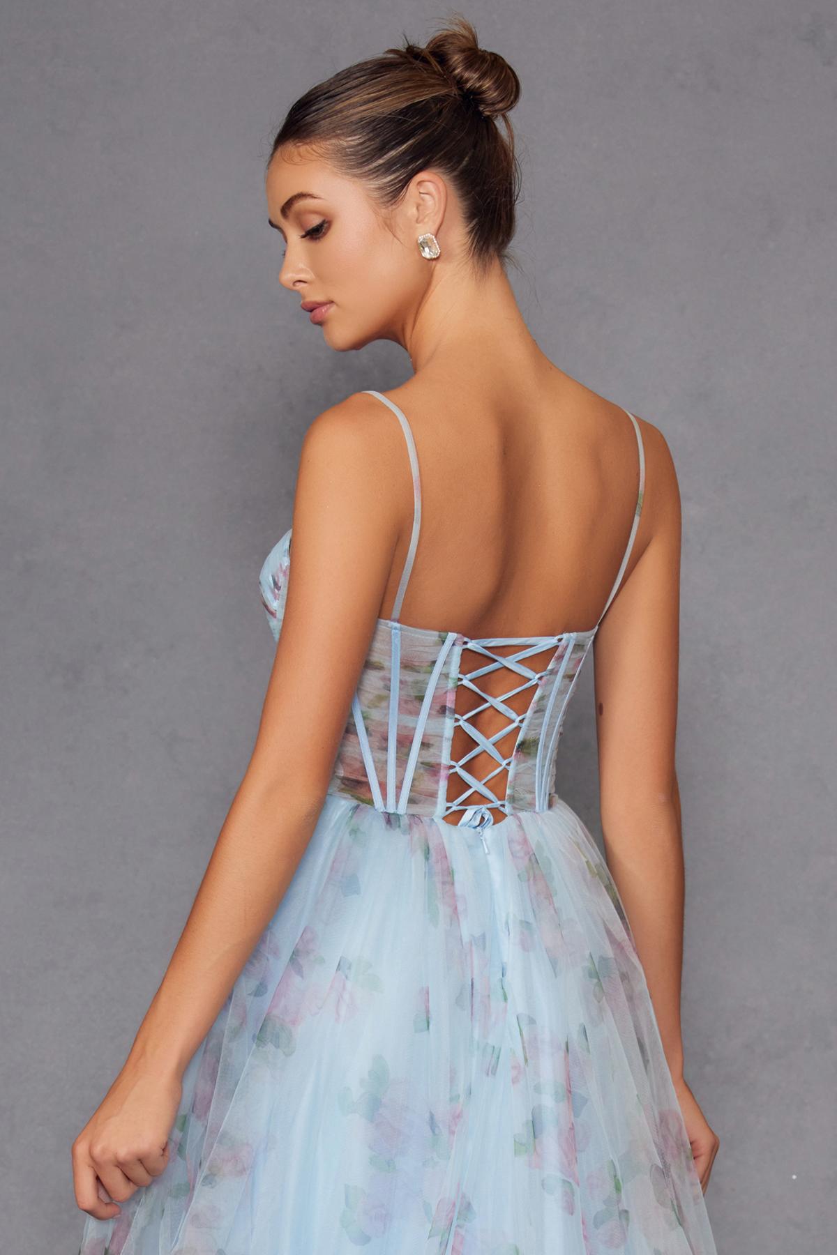 Juliet JT2562S Floral Print Strapless A-Line Tulle Gown