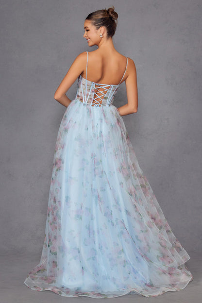 Juliet JT2562S Floral Print Strapless A-Line Tulle Gown