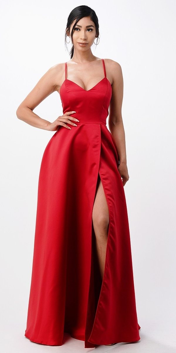 LIQUIDACIÓN - La Scala 25895 Vestido largo de satén elástico con espalda abierta y tirantes finos (Talla XL)