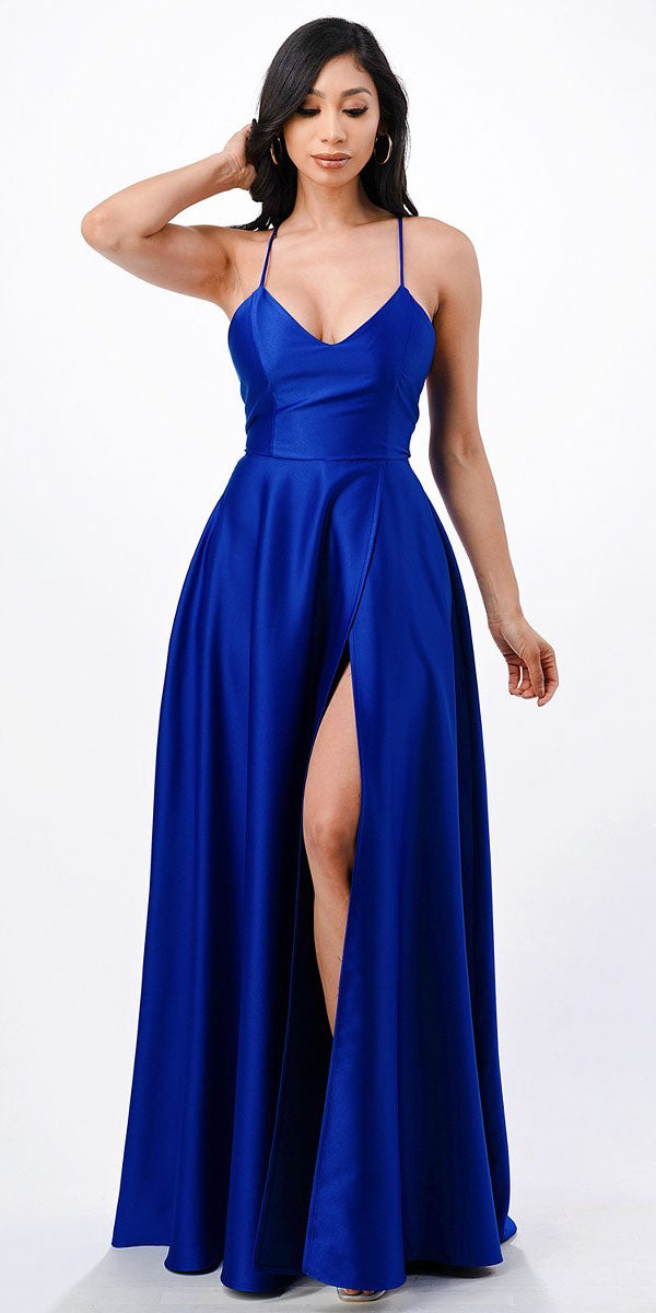 LIQUIDACIÓN - La Scala 25895 Vestido largo de satén elástico con espalda abierta y tirantes finos (Talla XL)
