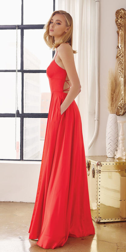Juliet 278 Formal A-Line Satin Gown with Side Pockets