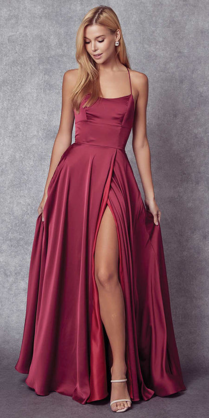 Juliet 278 Formal A-Line Satin Gown with Side Pockets
