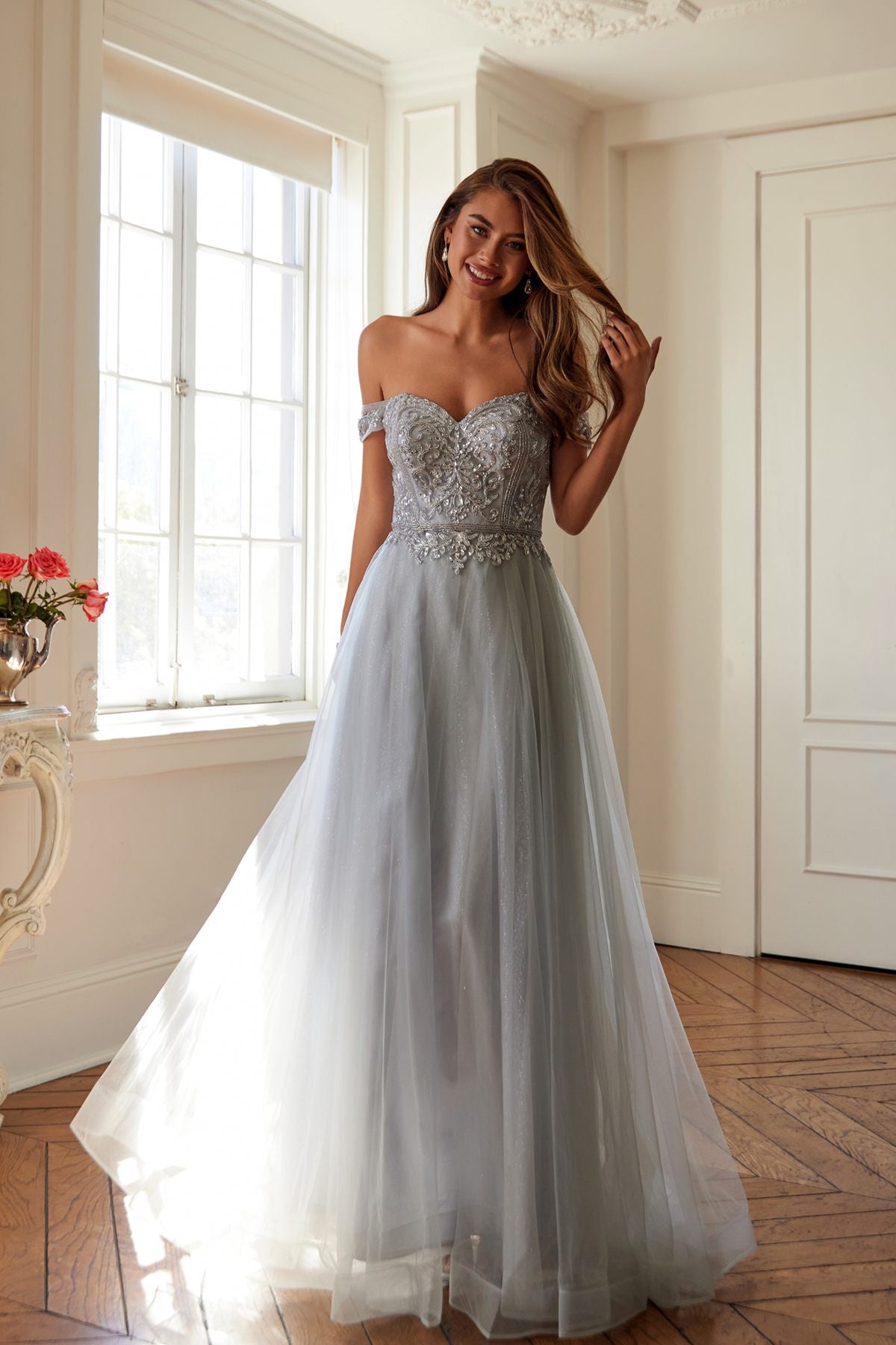 Juliet 287 Long Off the Shoulder Beaded Top A-Line Prom Dress