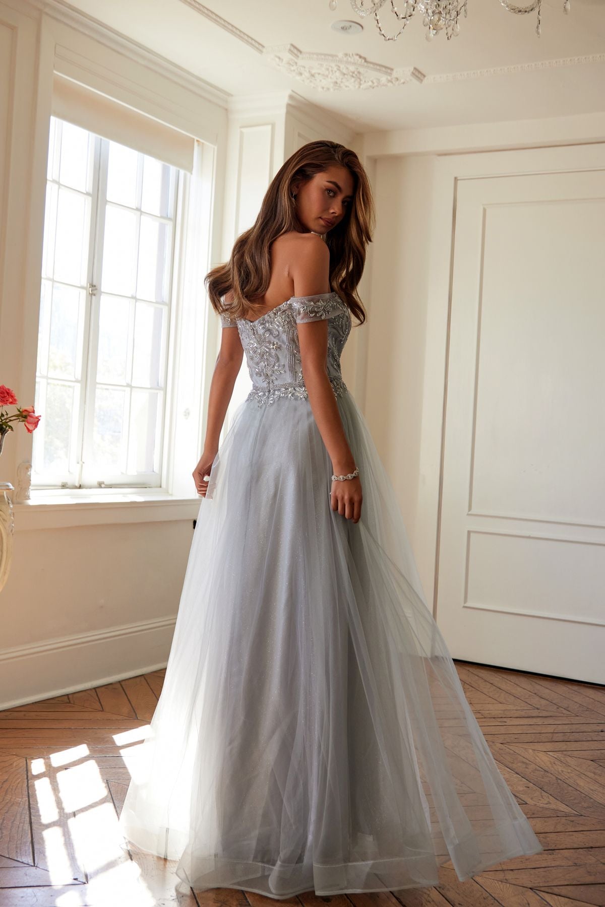 Juliet 287 Long Off the Shoulder Beaded Top A-Line Prom Dress