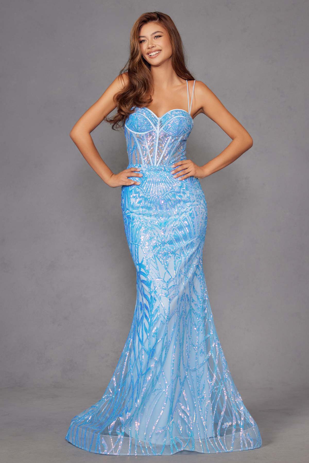 Juliet JT2886C Strapless Sweetheart Corset Sequin Fitted Gown