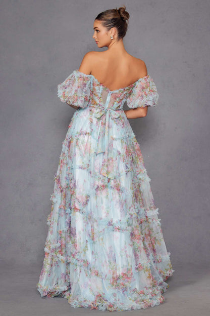 Juliet JT2887C Whimsy Sweetheart Off Shoulder Ruffled A-Line Print Gown