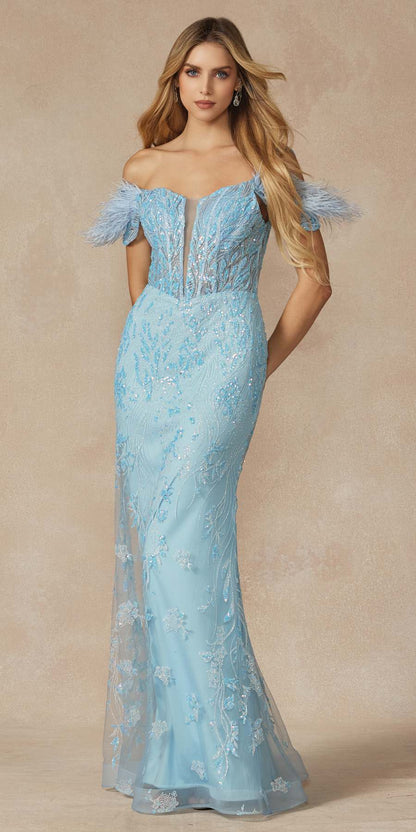 Juliet 288 Long Off the Shoulder Feather Strap Fitted Glitter Print Gown