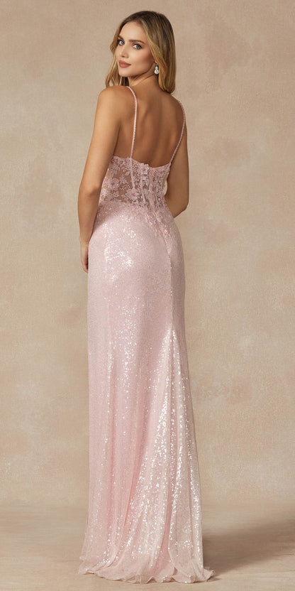 Juliet 289 Long Machine Sequin Gown with Corset Bodice Prom Gown