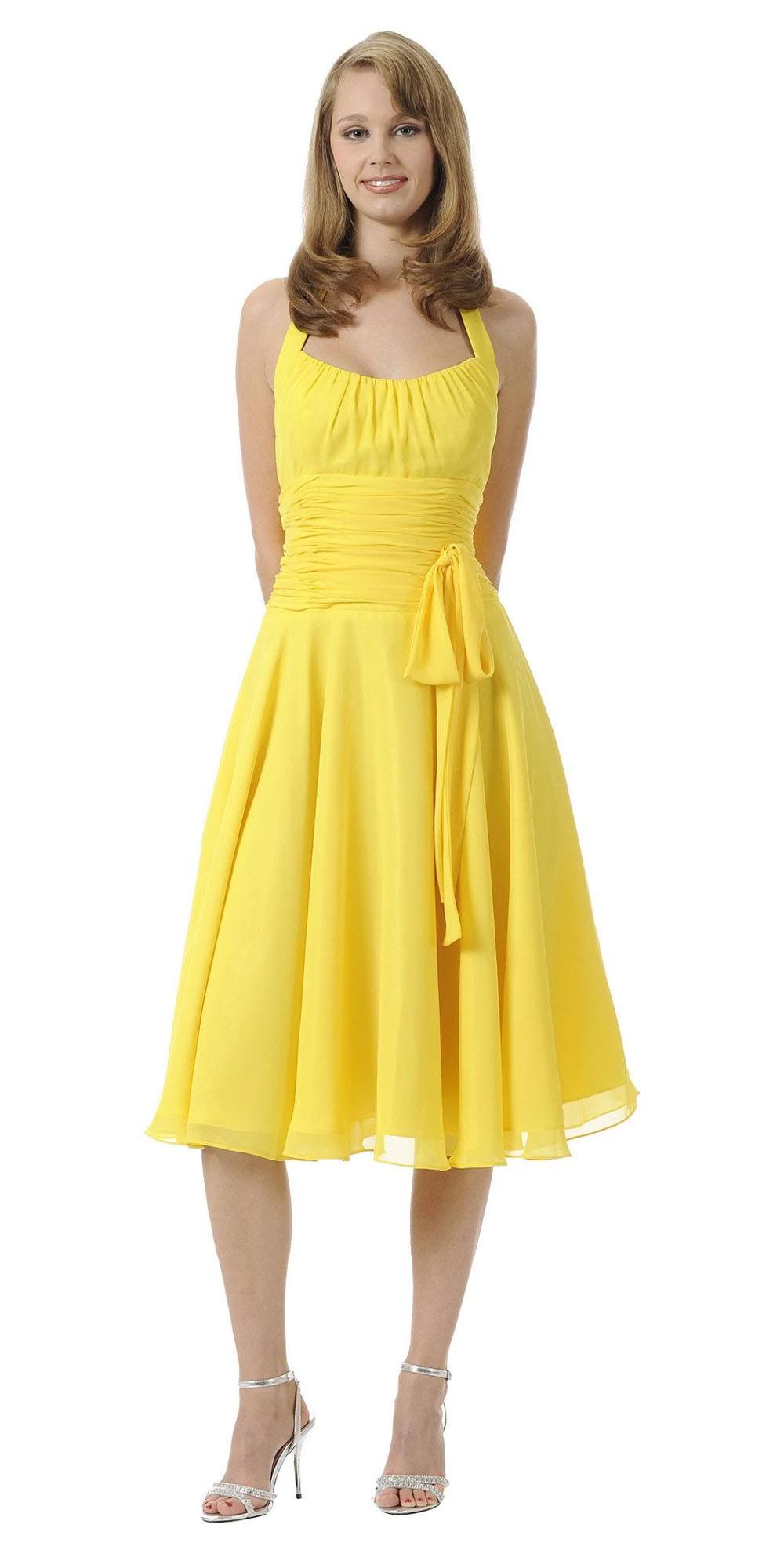 LIQUIDACIÓN - Vestido amarillo de chifón hasta la rodilla con tirante halter y lazo (Talla pequeña)