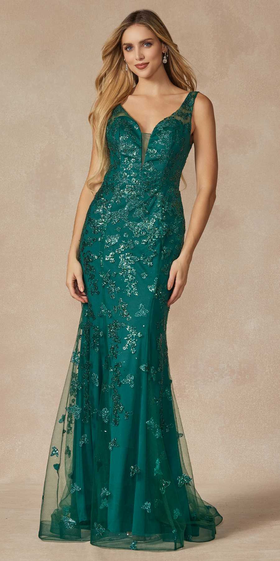 Juliet 294 Long Butterfly Appliques Low V-Neck Prom Dress
