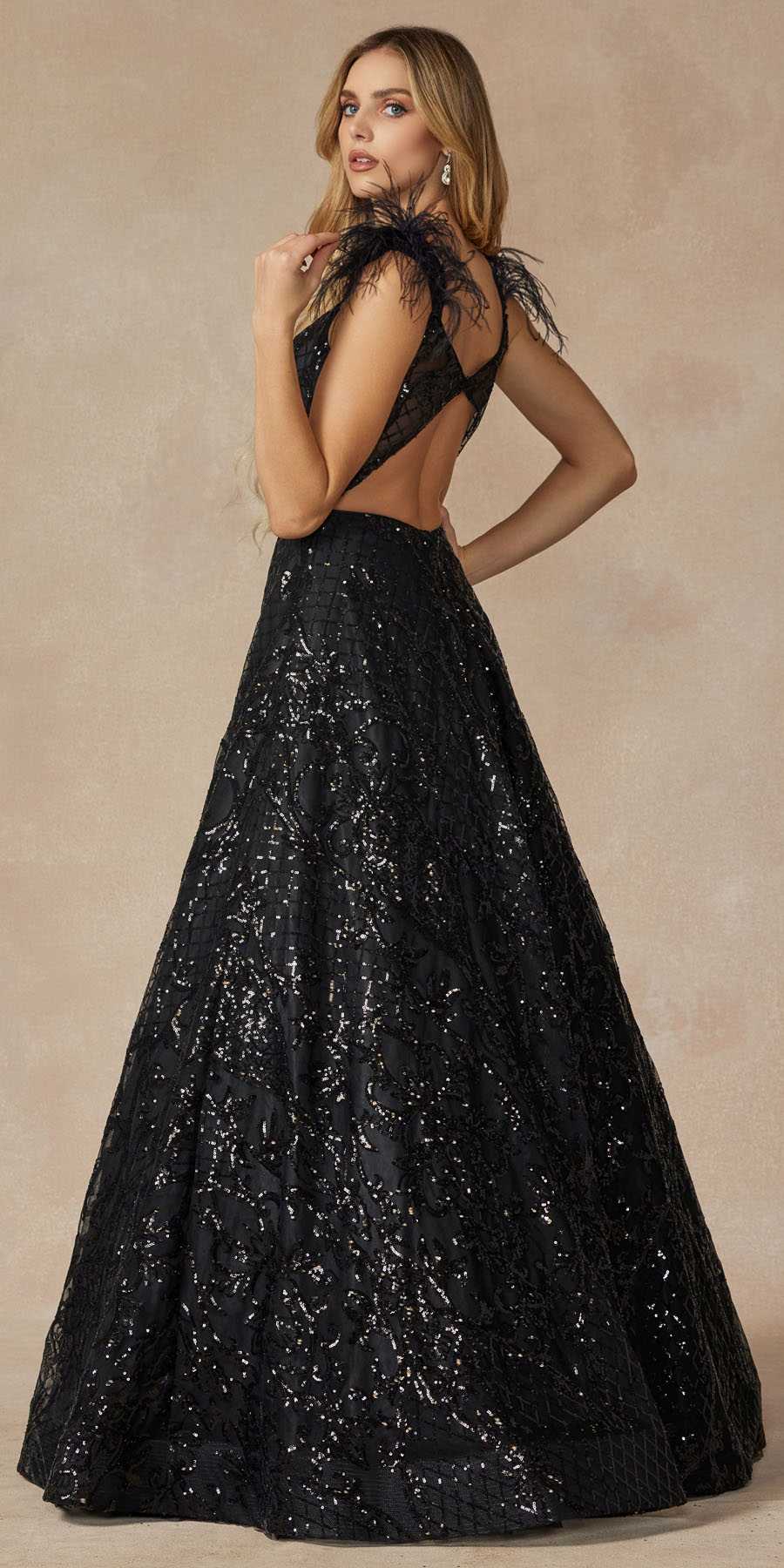 Juliet 297 Vestido de Noche Acampanado hasta el Suelo con Lentejuelas Estampadas, Mangas Casquillo y Plumas