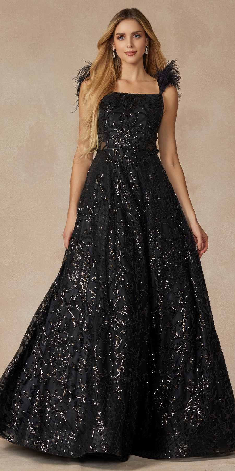 Juliet 297 Vestido de Noche Acampanado hasta el Suelo con Lentejuelas Estampadas, Mangas Casquillo y Plumas