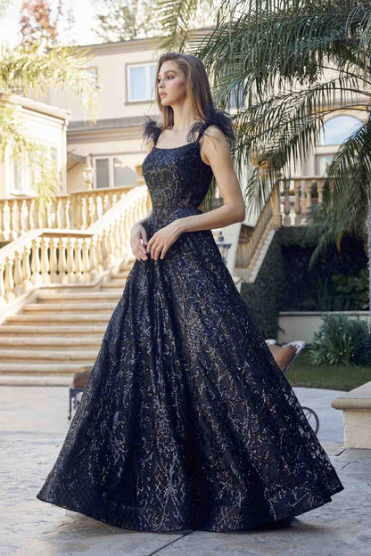 Juliet 297 Floor Length Feathered Cap Sleeve Patterned Sequin A-Line Gown