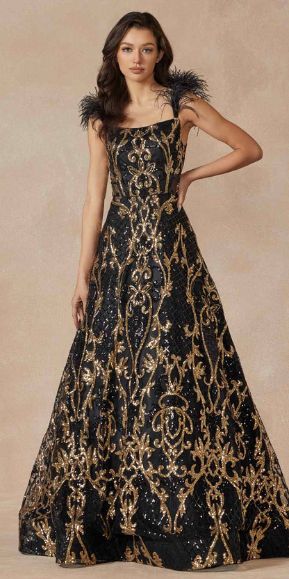 Juliet 297 Floor Length Feathered Cap Sleeve Patterned Sequin A-Line Gown