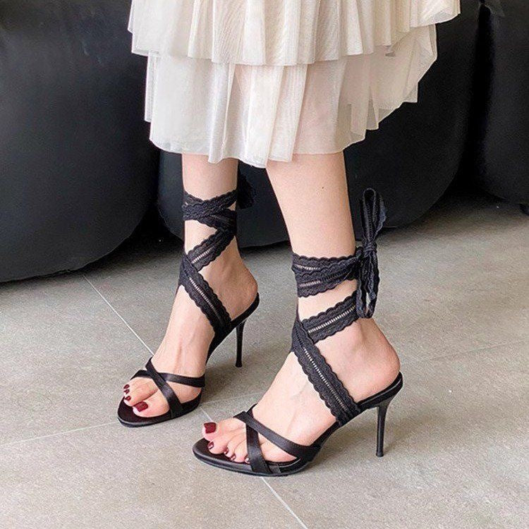 Women Open Toe Lace-up Roman Sandals, 2026 Summer New Elegant Celebrity Style Black Stiletto High Heels