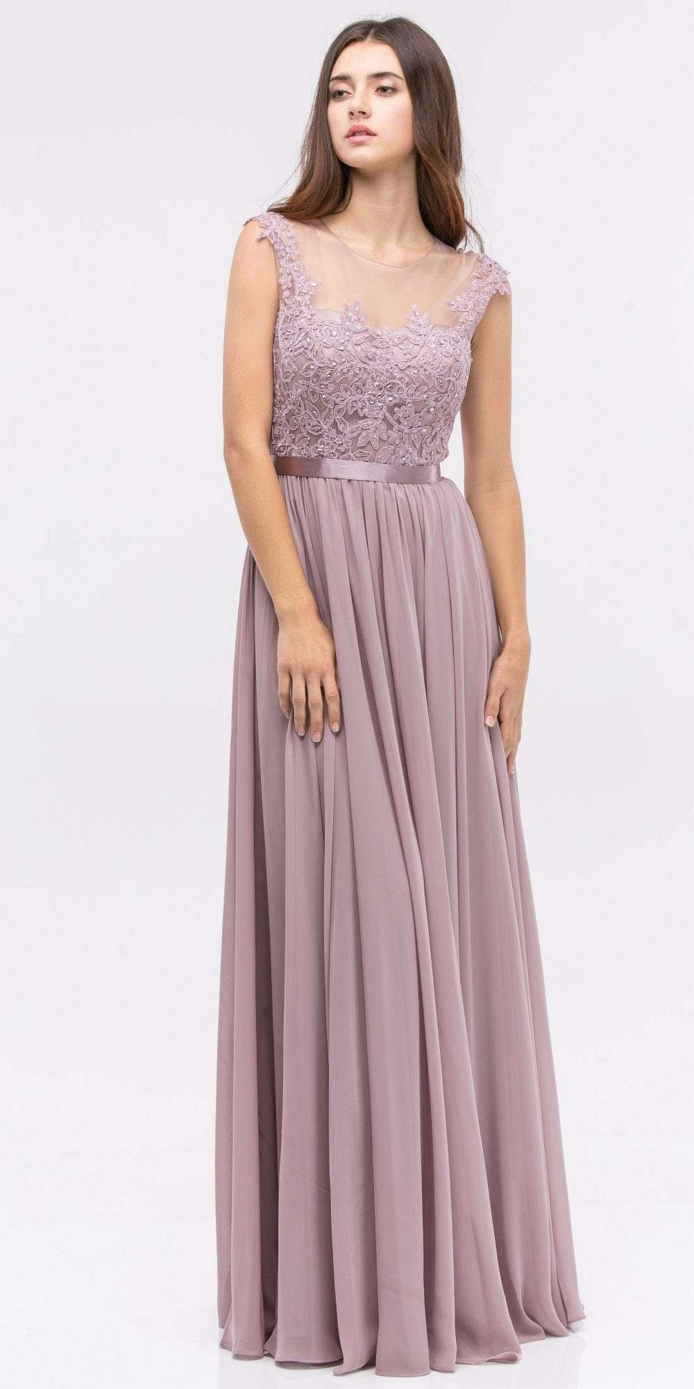 CLEARANCE - Eureka 3611 Lace Illusion Bodice Bateau Neck A-line Long Dress (Size L)