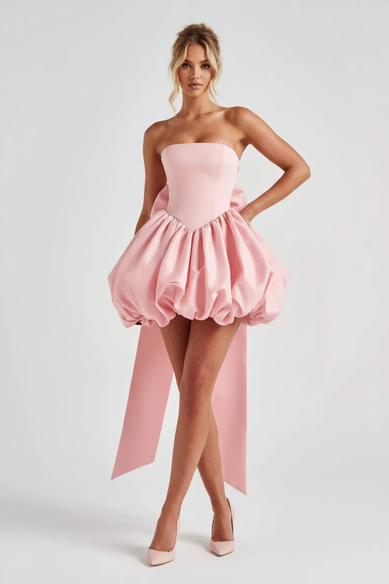 Elegant Strapless Bowknot Bubble Hem Mini Dress