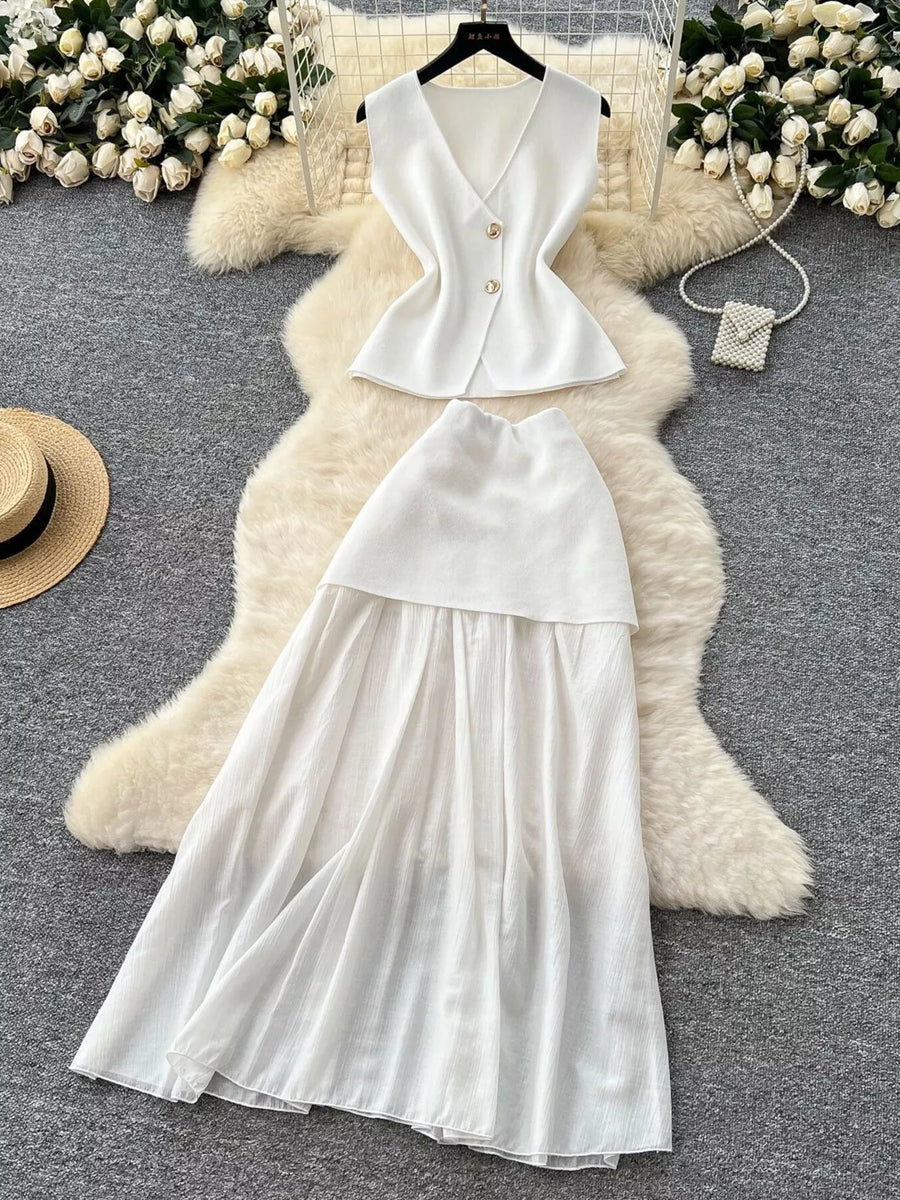 Button Up Sleeveless Top and Skirt Set