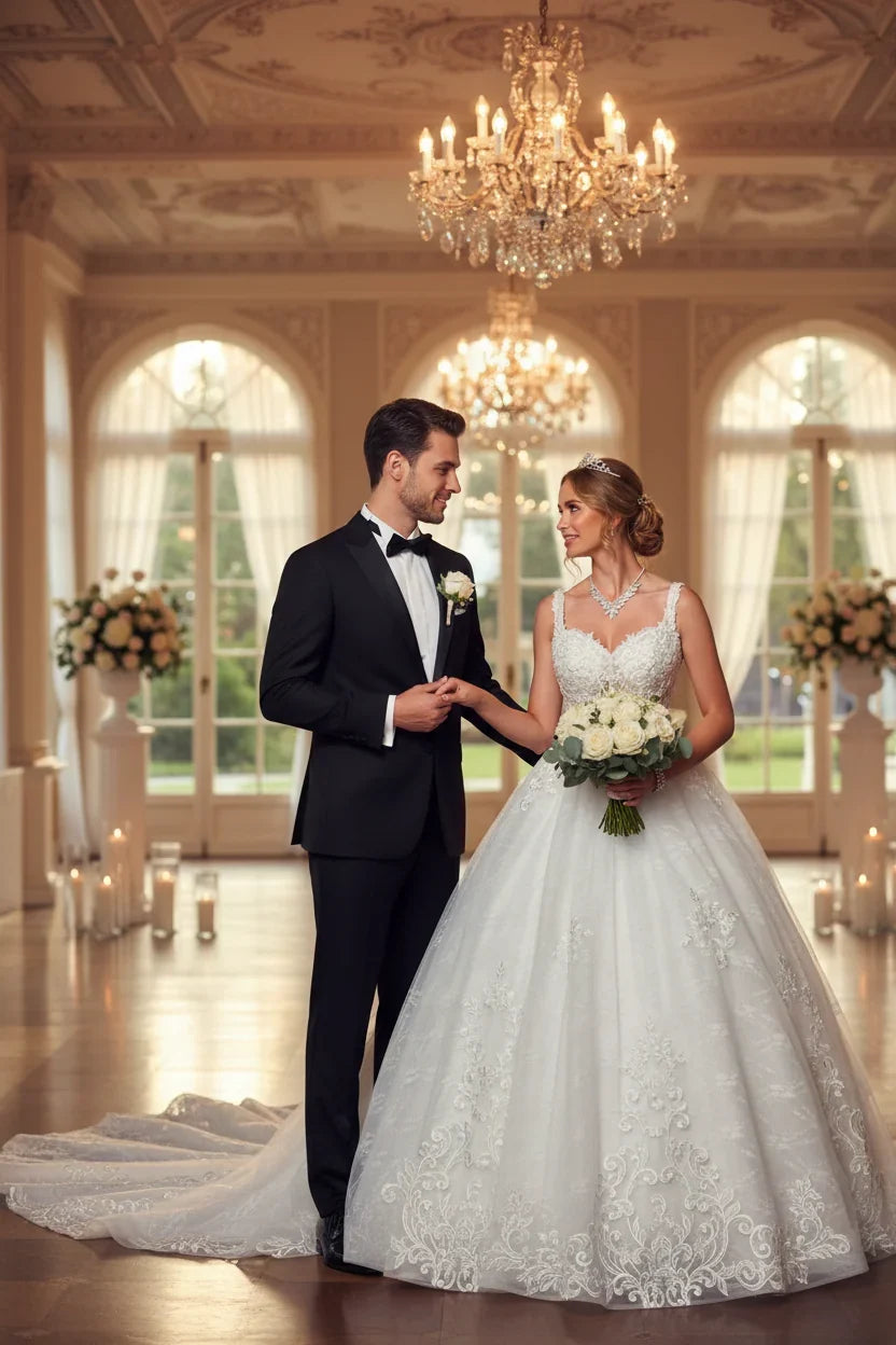 Vestido de novia DeKlaire Bridal 489 escote en V corte A tipo bola