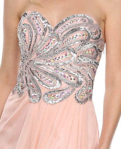 CLEARANCE - Juliet 548 Beaded Bodice Long Strapless Thigh Slit Formal Gown