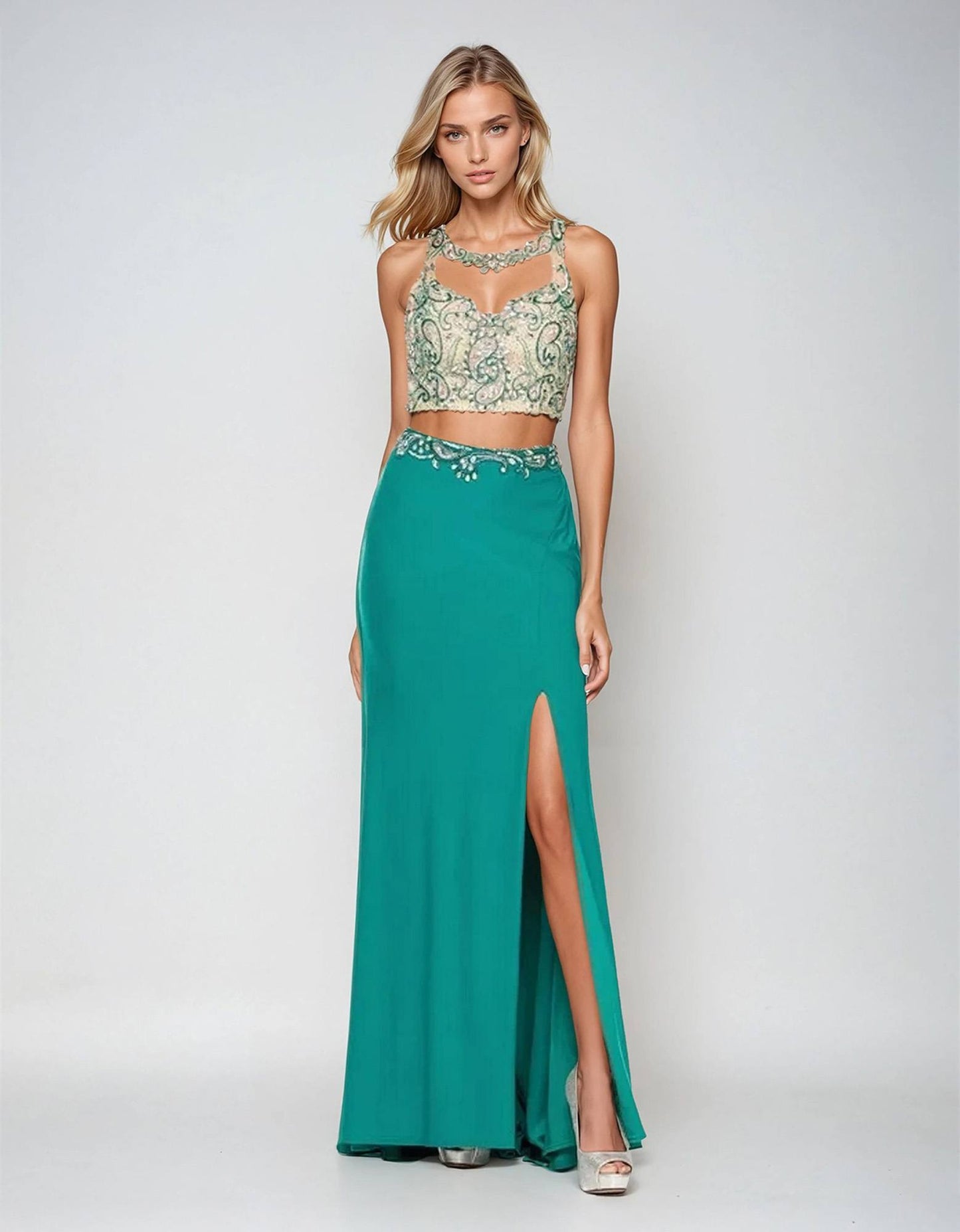 Juliet 595 Sexy Front Slit 2-Piece Dress Beads Illusion Neck