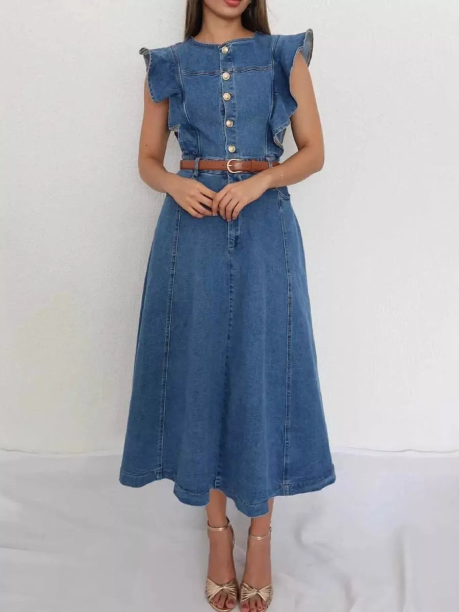 Ruffled Button Front Denim Dress