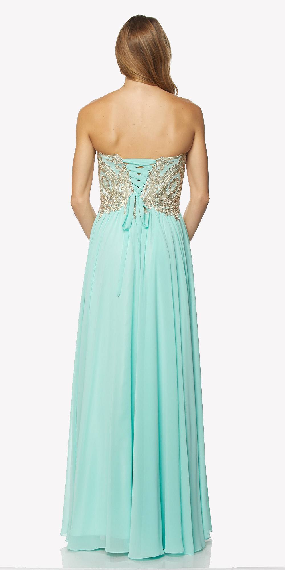 Vestido largo de fiesta Juliet 608 con corpiño bordado y espalda con cordones