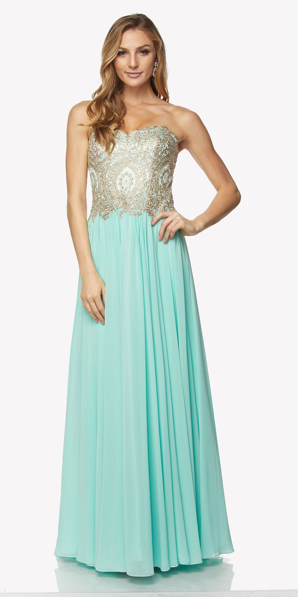 Vestido largo de fiesta Juliet 608 con corpiño bordado y espalda con cordones