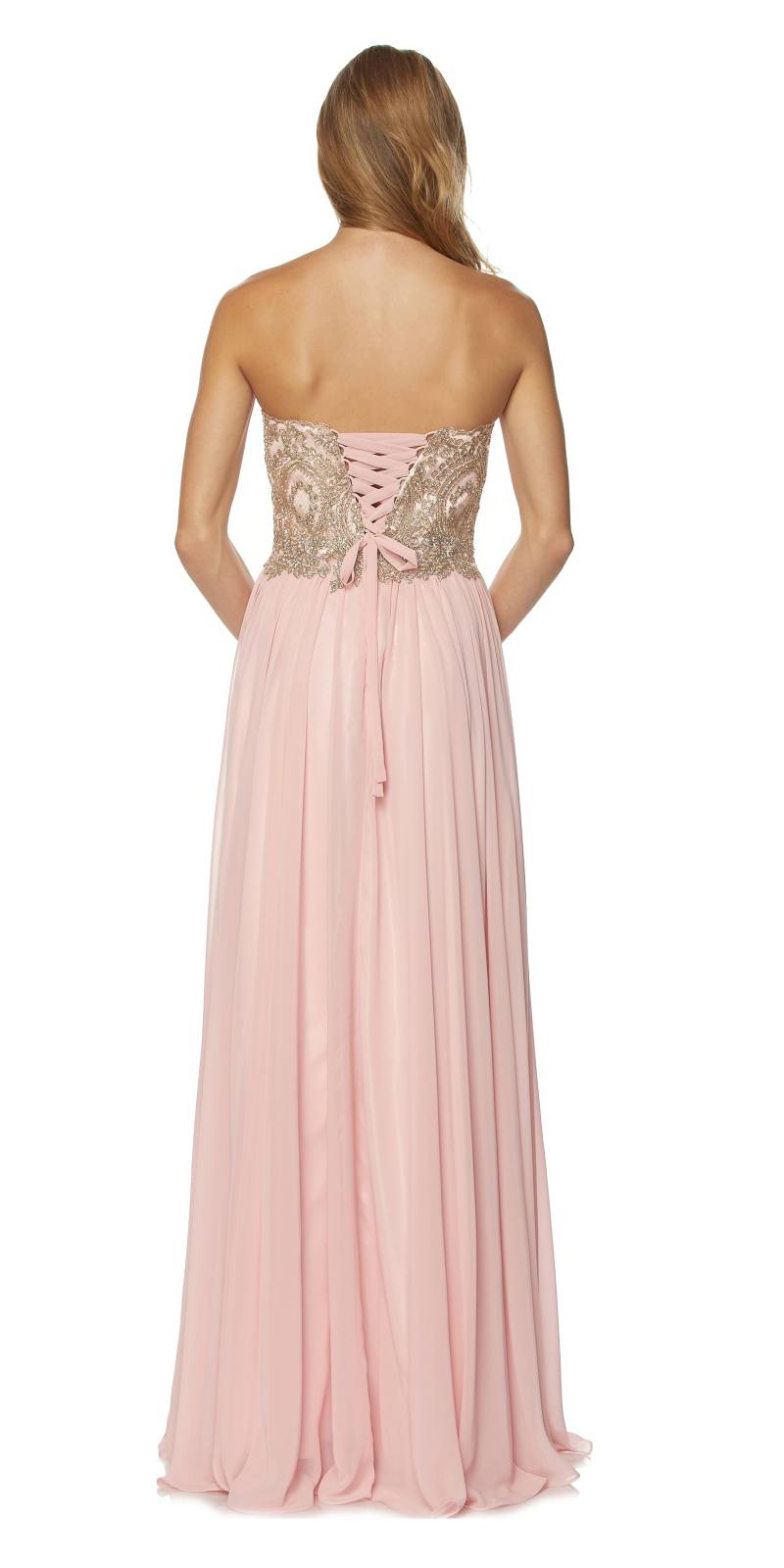 Vestido largo de fiesta Juliet 608 con corpiño bordado y espalda con cordones