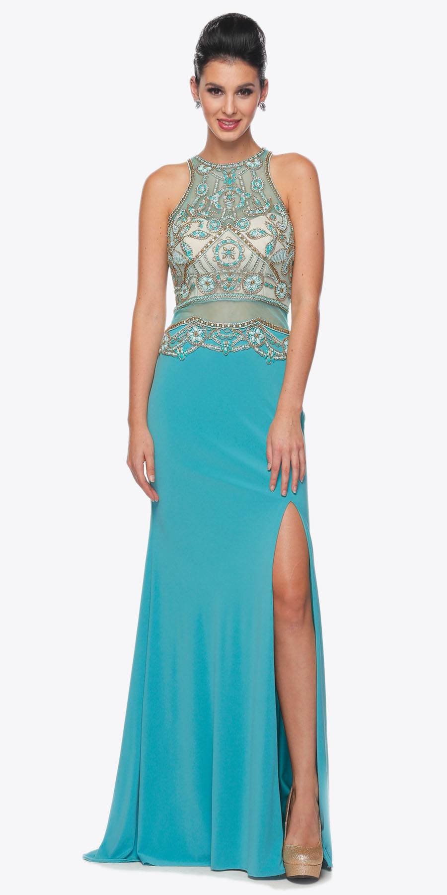 Vestido de noche Juliet 617 con corpiño adornado y cintura transparente