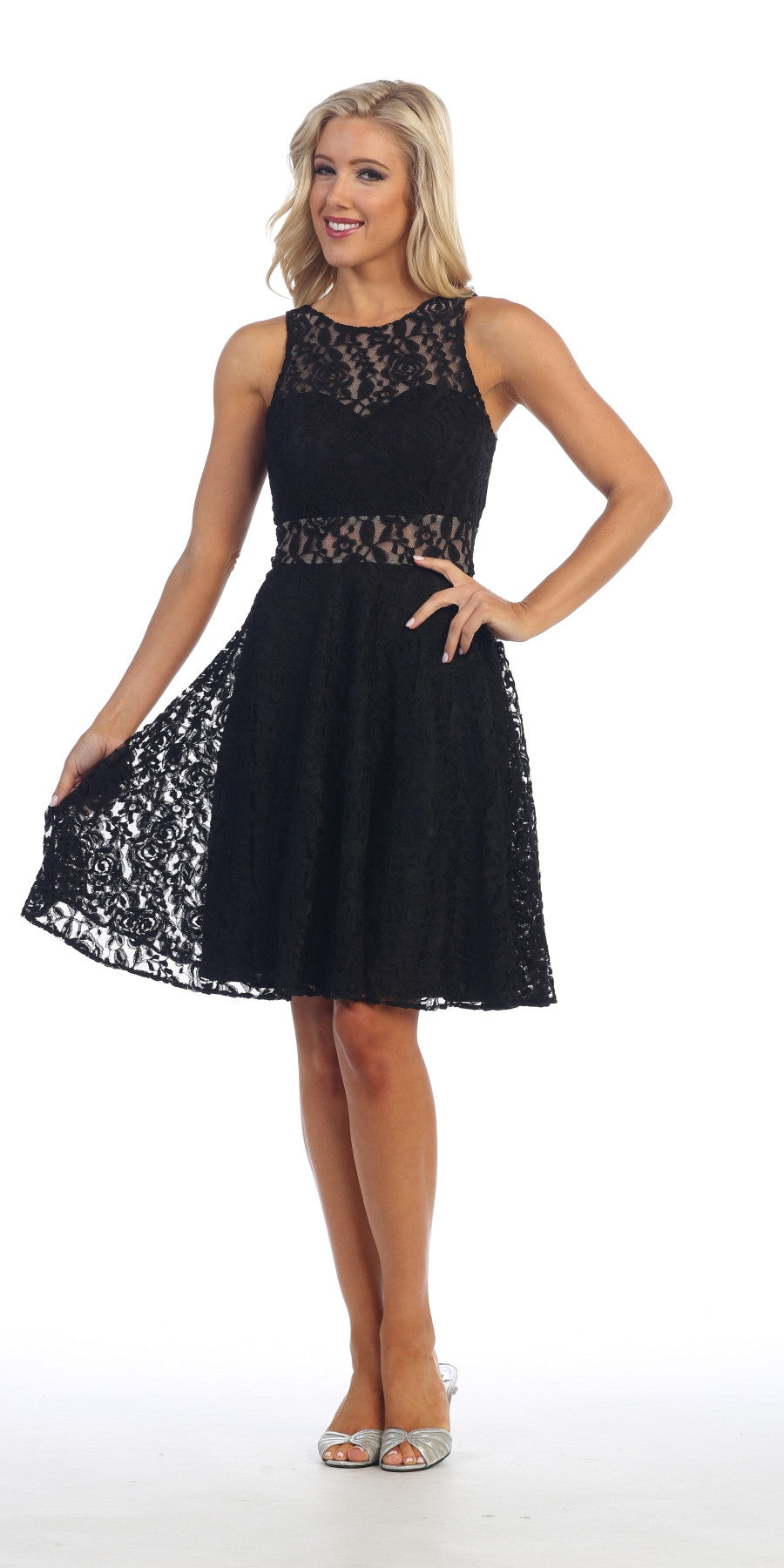 CLEARANCE - Celavie 6201s Sleeveless Black Lace Dress Knee Length (Size L)
