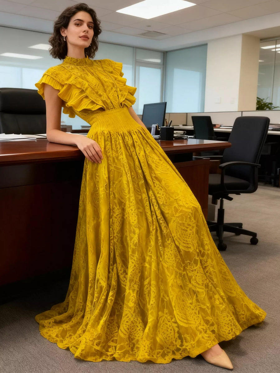 Ruffled Mock Neck Lace Maxi Dress