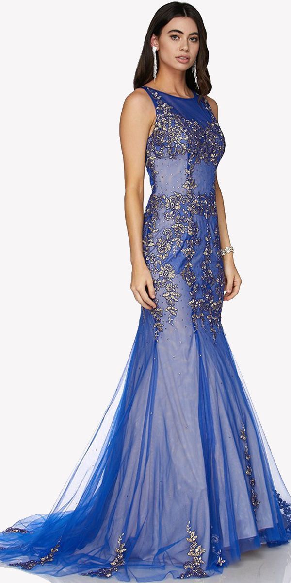 Juliet 656 Sleeveless Appliqued Mermaid Gown Godets and Train
