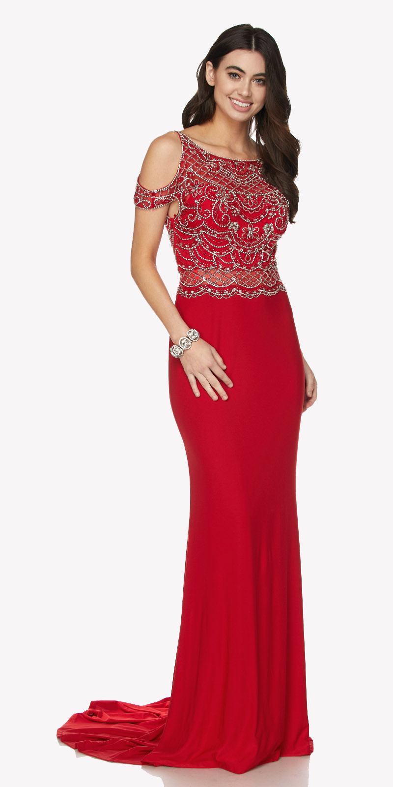 Vestido Juliet 660 con hombros descubiertos, espalda abierta en V y cola